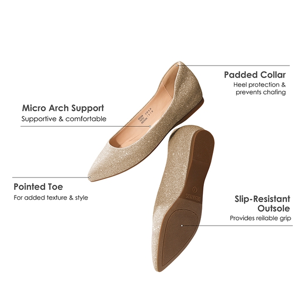 Pointed Toe Arch Support Flats - GOLD-GLITTER - 6