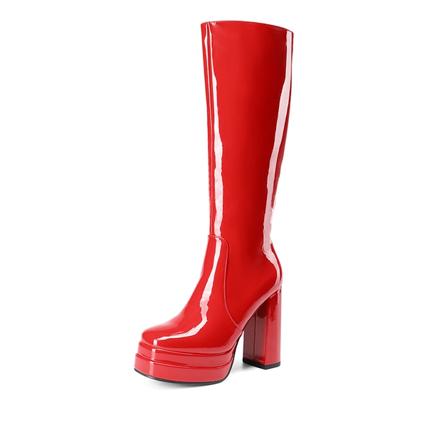 Platform Chunky Knee High Boots - RED-PAT -  0