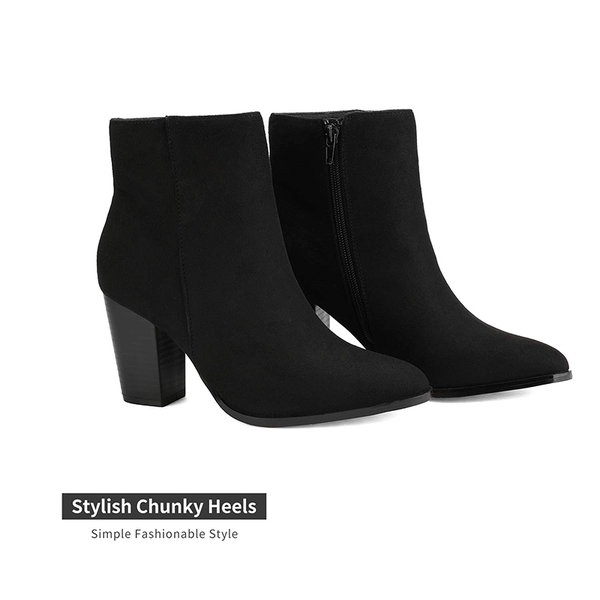 Pointed Toe Chunky Heel Ankle Boots - BLACK-SUEDE - 3