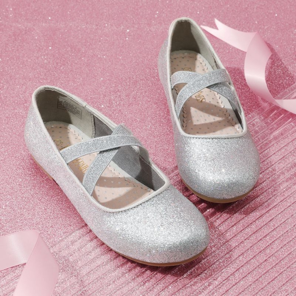 Girl's Elastic Strap Rhinestone Ballerina Flats - SILVER - 4