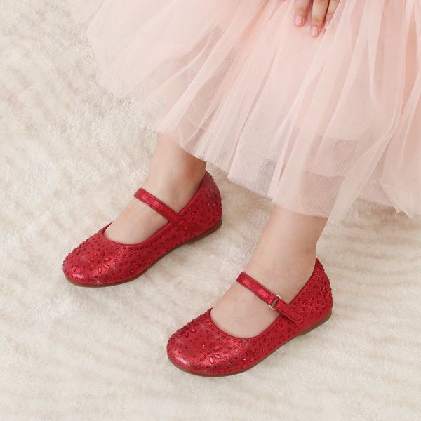 Girl's Mary Jane Buckle Rhinestone Flats - RED - 1