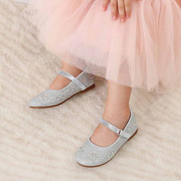 Girl's Mary Jane Buckle Rhinestone Flats - SILVER - 1
