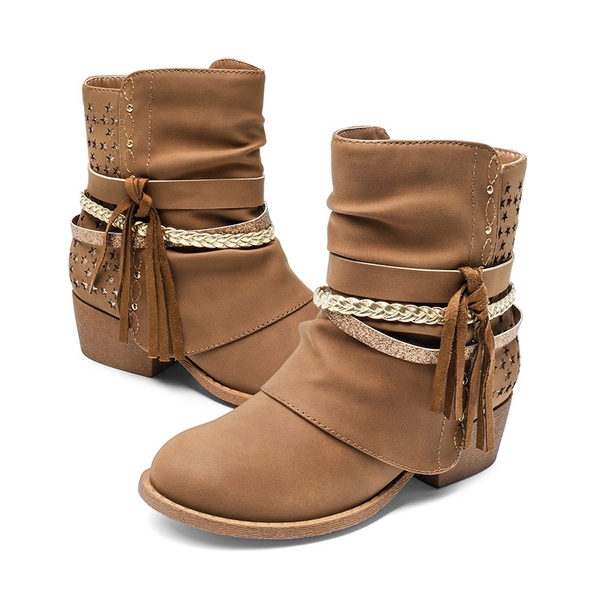 Girls Tassels Low Heel Ankle Boots - CAMEL - 3