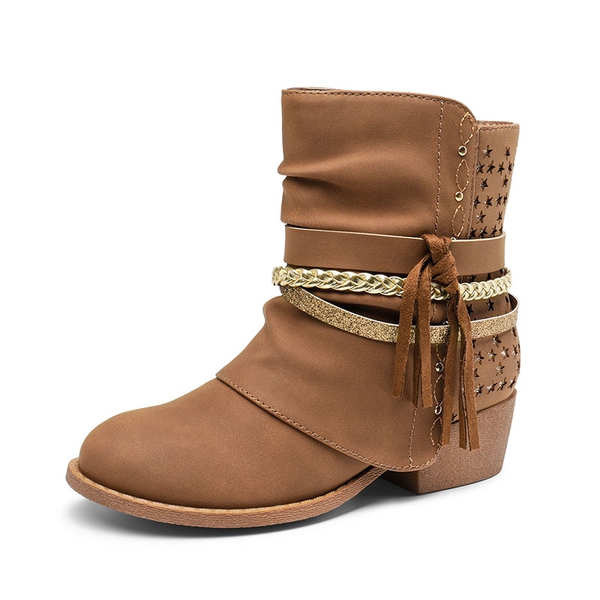 Girls Tassels Low Heel Ankle Boots - CAMEL -  0