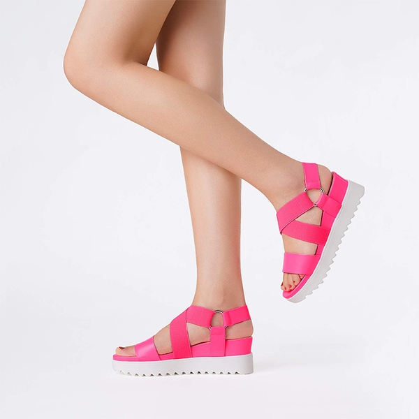 Ankle Strap Platform Wedge Sandals - NEON PINK - 4