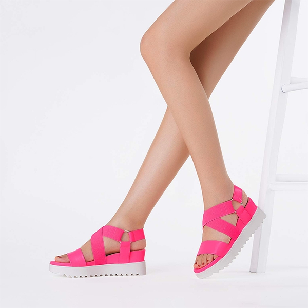 Ankle Strap Platform Wedge Sandals - NEON PINK - 5