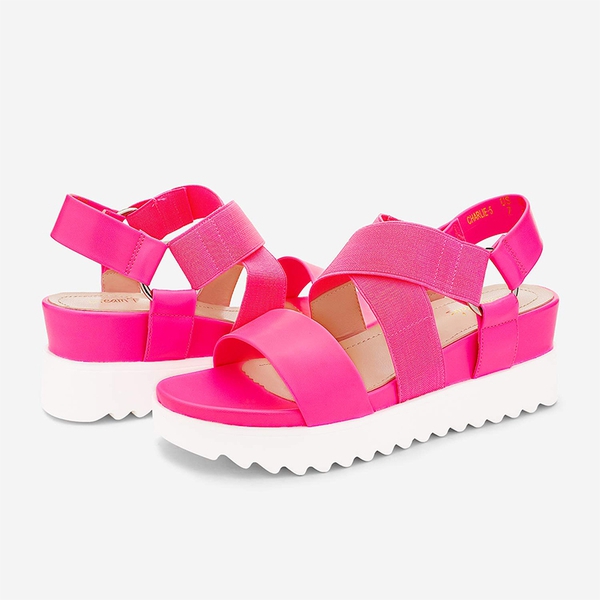 Ankle Strap Platform Wedge Sandals - NEON PINK - 2