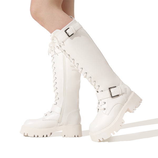 Lug Sole Platform Motorcycle Boots - WHITE - 1