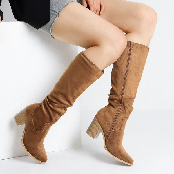  Suede Snip Toe Knee-High Riding Boots - CAMEL - 2