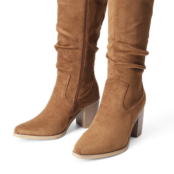  Suede Snip Toe Knee-High Riding Boots - CAMEL - 5