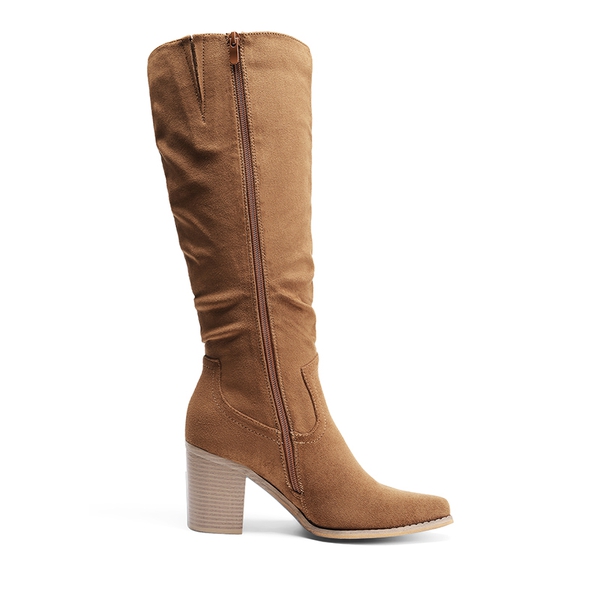  Suede Snip Toe Knee-High Riding Boots - CAMEL - 4