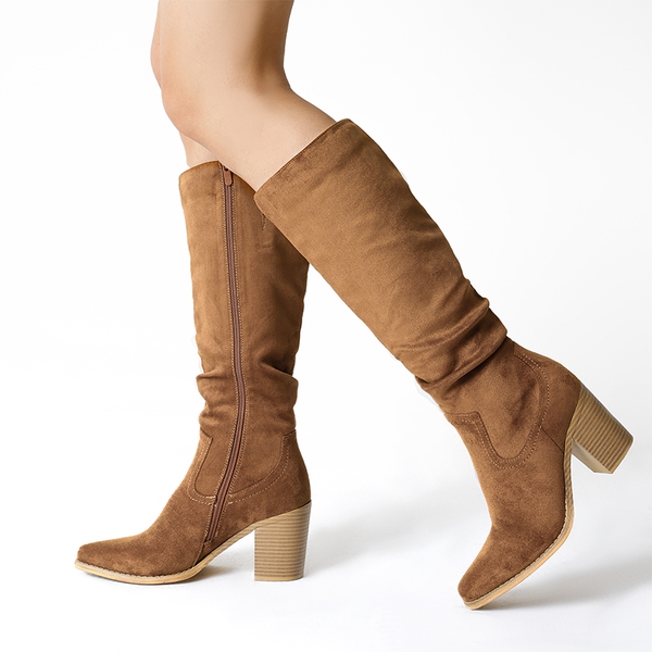  Suede Snip Toe Knee-High Riding Boots - CAMEL - 1