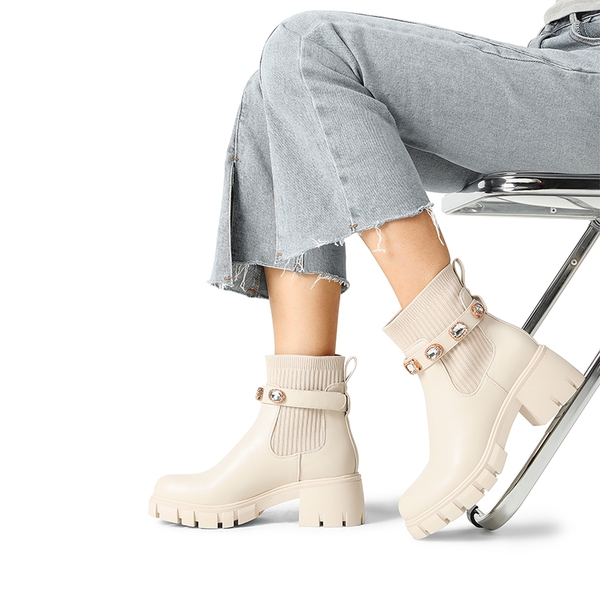 Removable Rhinestone Strap Chunky Chelsea Boots - BEIGE - 2
