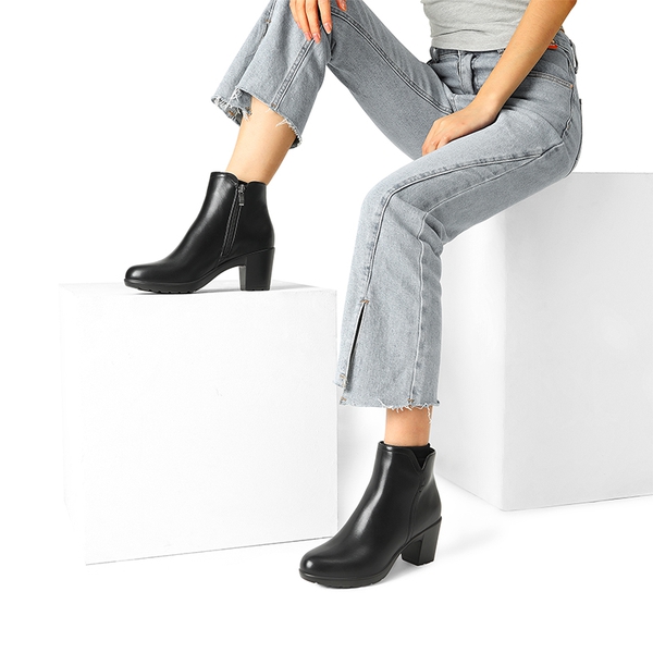 [Stand All Day Boots] Almond Toe Block Heel Ankle Booties - BLACK-PU - 2