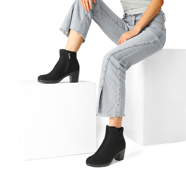 [Stand All Day Boots] Almond Toe Block Heel Ankle Booties - BLACK-SUEDE - 2