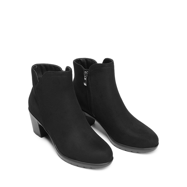 [Stand All Day Boots] Almond Toe Block Heel Ankle Booties - BLACK-SUEDE - 4