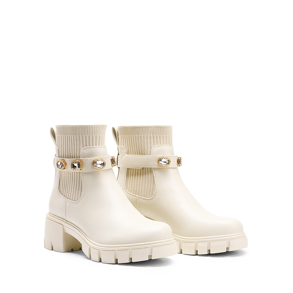 Removable Rhinestone Strap Chunky Chelsea Boots - BEIGE - 7