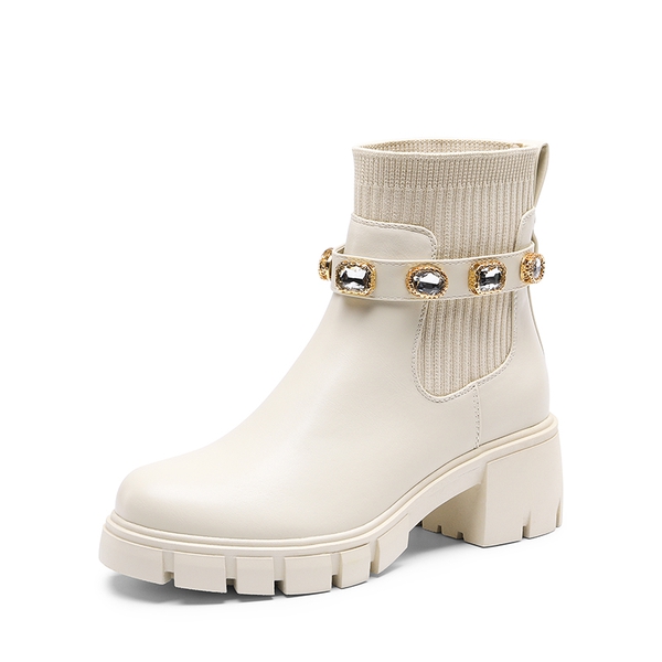 Removable Rhinestone Strap Chunky Chelsea Boots - BEIGE -  0