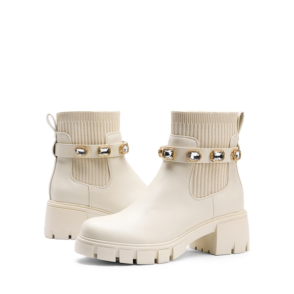 Removable Rhinestone Strap Chunky Chelsea Boots - BEIGE - 5