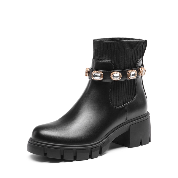 Removable Rhinestone Strap Chunky Chelsea Boots - BLACK -  0