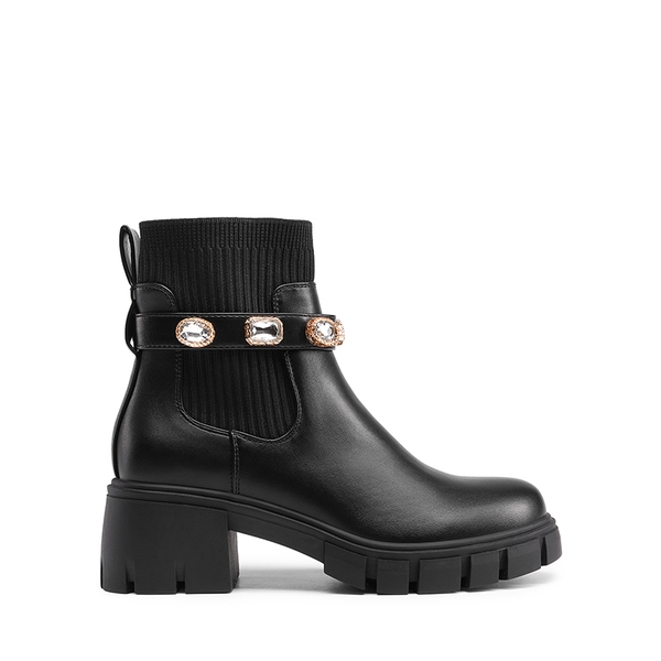 Removable Rhinestone Strap Chunky Chelsea Boots - BLACK - 4