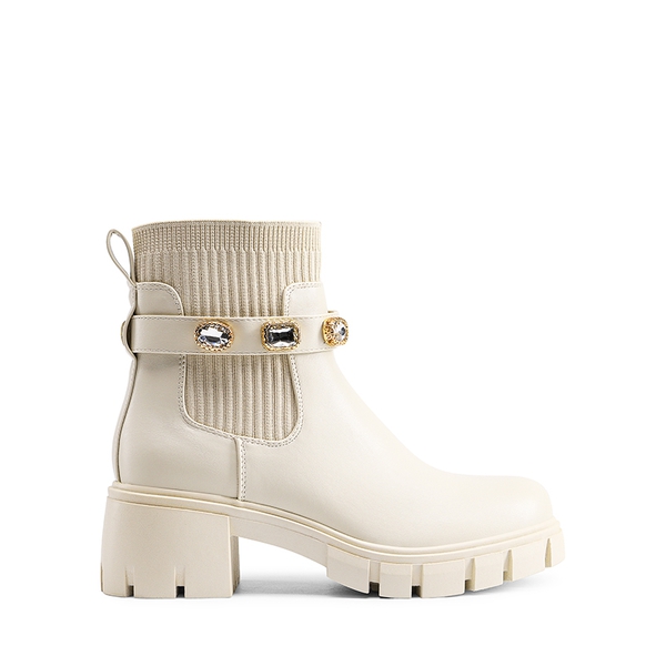 Removable Rhinestone Strap Chunky Chelsea Boots - BEIGE - 4