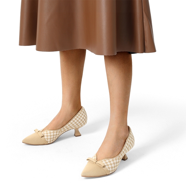 Comfortable Dressy Bow Pumps - BEIGE GRID - 1