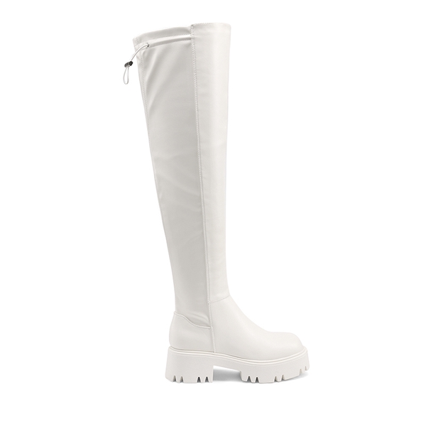 Lug Sole Over The Knee Boots - WHITE-PU - 4