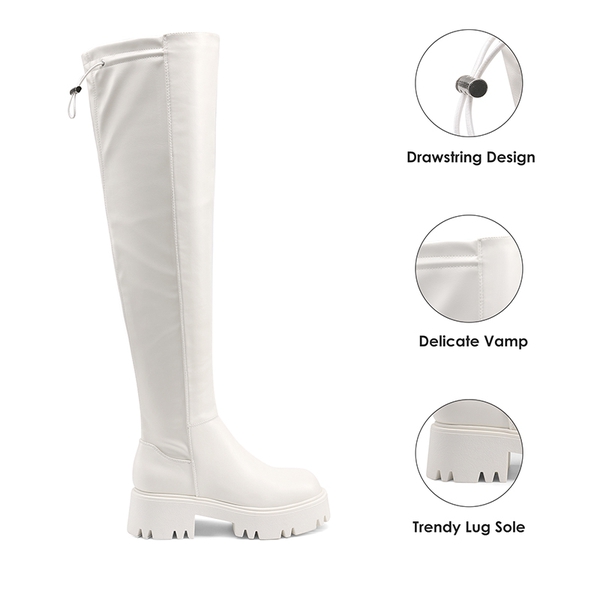 Lug Sole Over The Knee Boots - WHITE-PU - 7