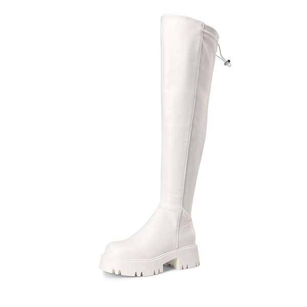 Lug Sole Over The Knee Boots - WHITE-PU -  0