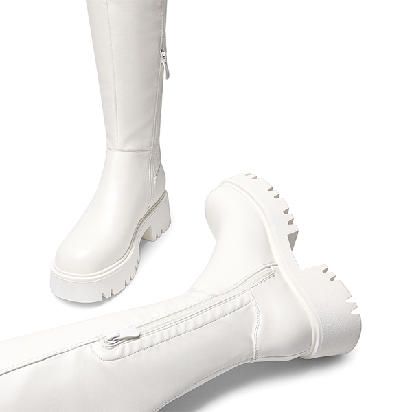 Lug Sole Over The Knee Boots - WHITE-PU - 6