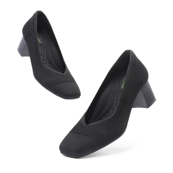 Water-Resistant Block Heel Knit Pumps - BLACK - 5