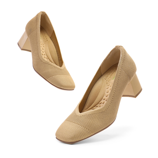 Water-Resistant Block Heel Knit Pumps - BEIGE - 4