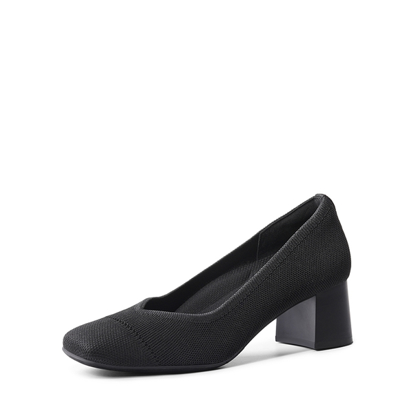 Water-Resistant Block Heel Knit Pumps - BLACK -  0