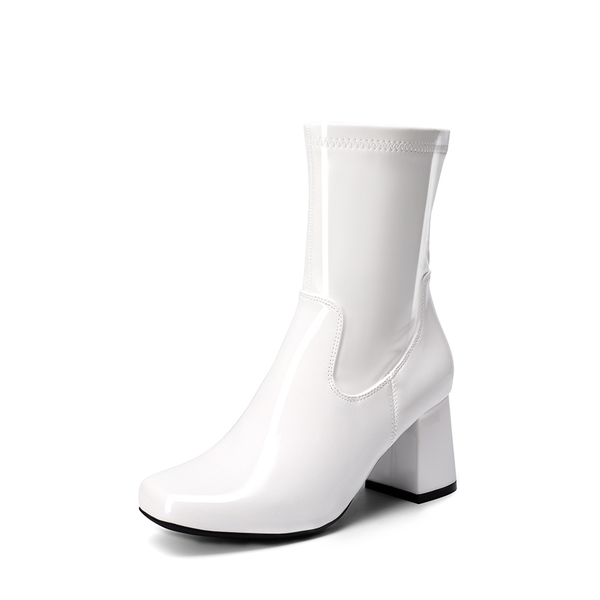 Mid Calf Square-Toe Gogo Boots - WHITE-PAT -  0