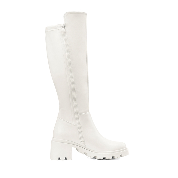 Vegan Leather Chunky Stretch Knee-High Boots - WHITE - 3