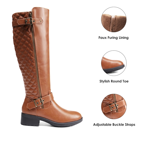 Knee High Winter Boots with Faux - LIGHT BROWN - 2