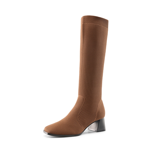 Water-Resistant Block Heel Knee High Boots - BROWN -  0