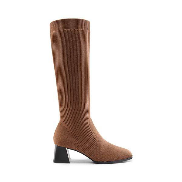 Water-Resistant Block Heel Knee High Boots - BROWN - 2