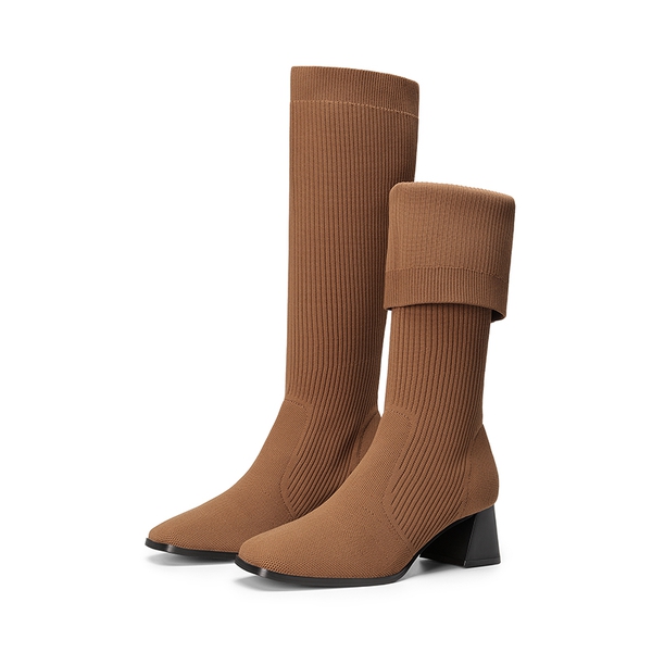 Water-Resistant Block Heel Knee High Boots - BROWN - 3