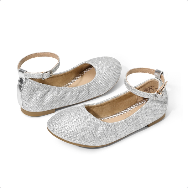 Girls Ballerina Flat Shoes - SILVER GLITTER - 1