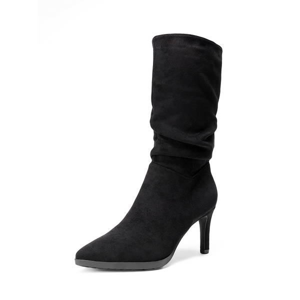 Wrinkle Design Pointed Toe Mid Calf Boots - BLACK-SUEDE -  0