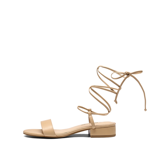 Strappy Lace Up Low Heel Sandals - NUDE - 1