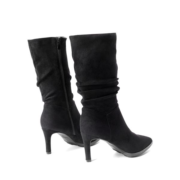 Wrinkle Design Pointed Toe Mid Calf Boots - BLACK-SUEDE - 3