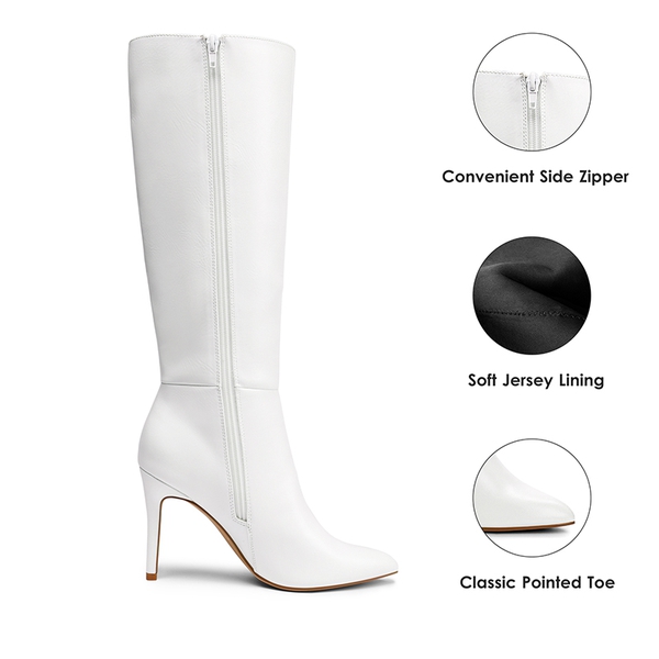 Pointed Toe Stiletto Knee High Boots - WHITE-PU - 4