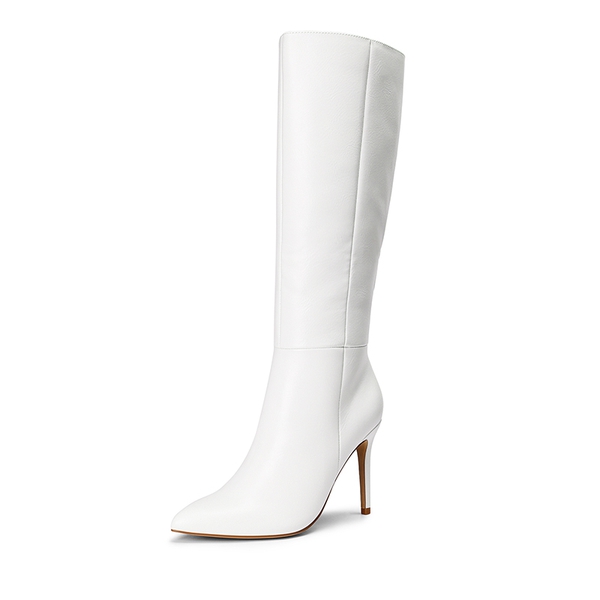 Pointed Toe Stiletto Knee High Boots - WHITE-PU -  0