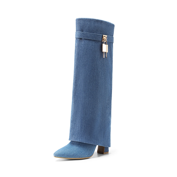Fold-over Cuff Padlock Denim Boots - DENIM BLUE -  0