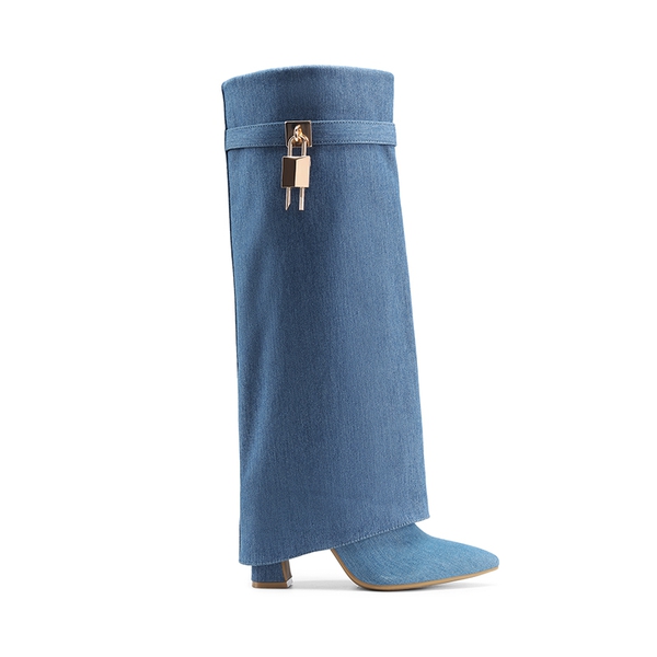 Fold-over Cuff Padlock Denim Boots - DENIM BLUE - 1