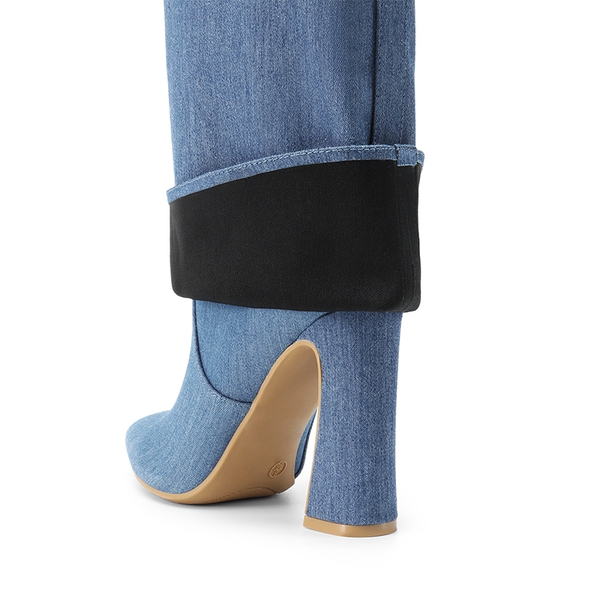 Fold-over Cuff Padlock Denim Boots - DENIM BLUE - 4