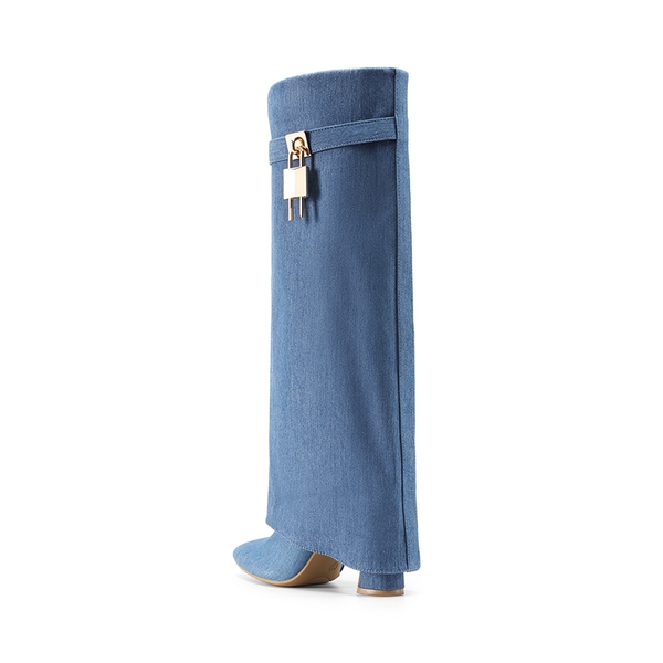 Fold-over Cuff Padlock Denim Boots - DENIM BLUE - 3